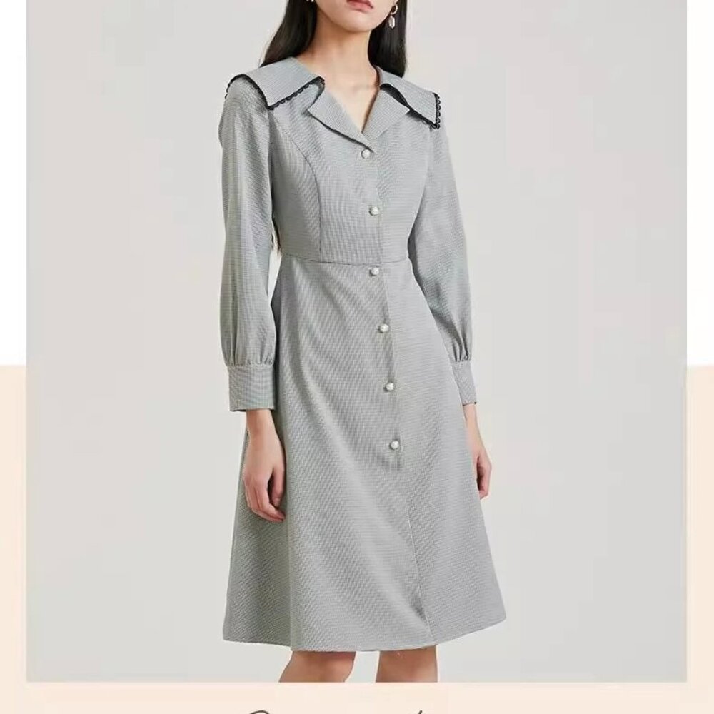 Roem Black Plaid Pleated Midi Dress - Long Sleeve/Lined